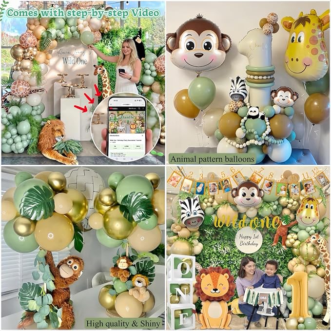 Wild One Birthday Decorations, 1st Birthday Decorations for Boy or Girl, Photo Banner, Balloon Box, Balloons Garland, High Chair Banner, Jungle Theme Safari Party Backdrop for Boys & Girls