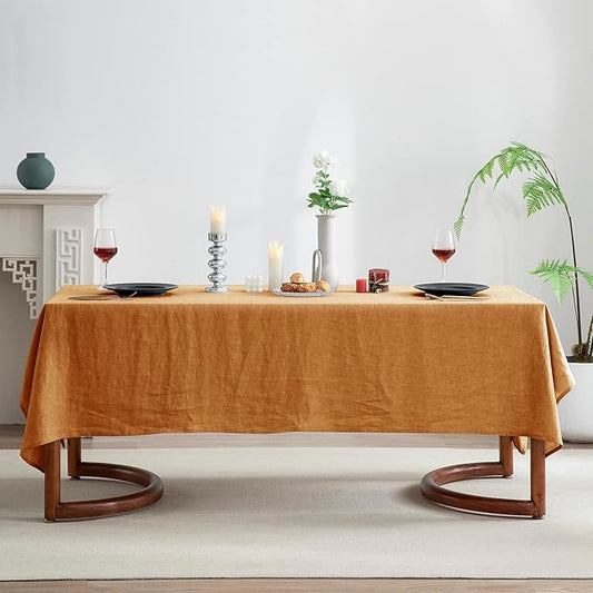 EVERLY 100% Pure Linen Rectangle Tablecloths 60x84Inches for Dining,Buffet Parties,Picnic,Events,Weddings and Restaurants,Decorative Halloween,Thanksgiving Machine Washable Tablecloths-Caramel
