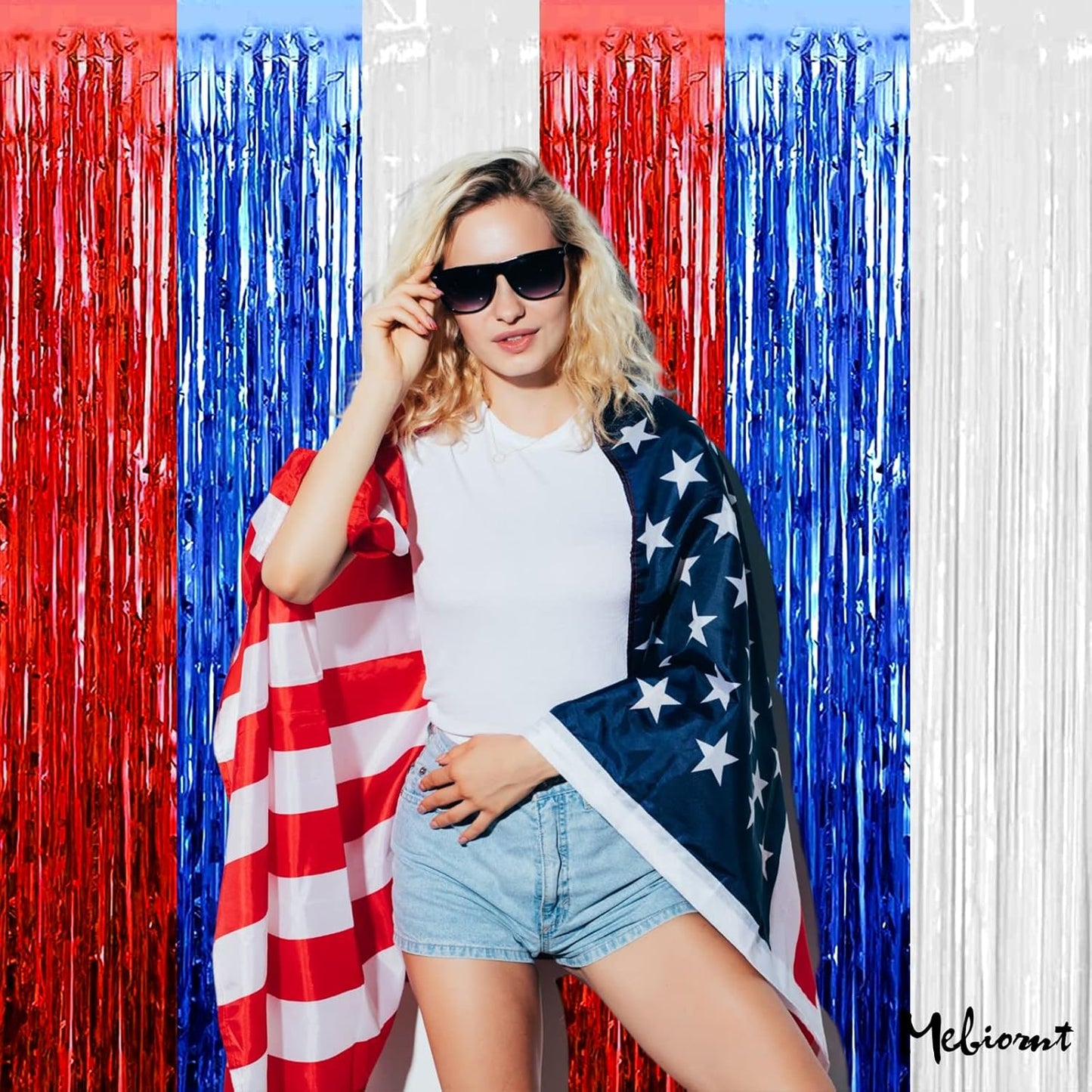 4 Pack 3.2Ft x 9.8Ft Independence Day Fringe Curtain Backdrop, Red Blue White Metallic Tinsel Foil Fringe Streamers Curtains Background for Photo Booth Birthday Wedding Carnival Party Decorations