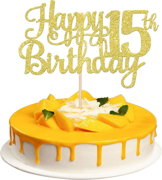1 PCS Happy 15th Birthday Cake Topper Gold Glitter Cheers to 15 Years Birthday Cake Pick Mis Quince 15 Fabulous Cake Decoration for Happy 15th Birthday Theme Party Decorations Supplies