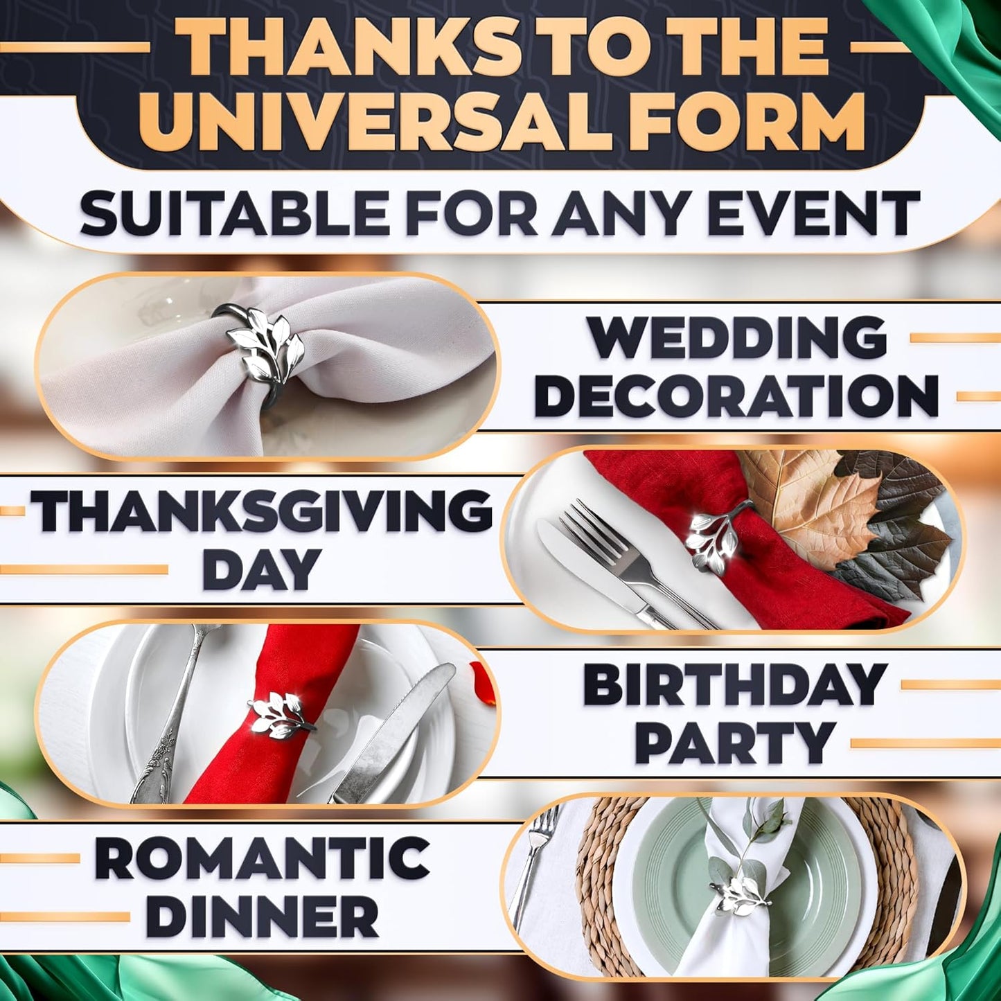 Set of 20 Silver Christmas Napkin Rings – Decorative Thanksgiving Napkin Rings Set | Elegant Silver Leaf Design, Great for Weddings, Dinner Parties, Elegant Christmas Table Decor