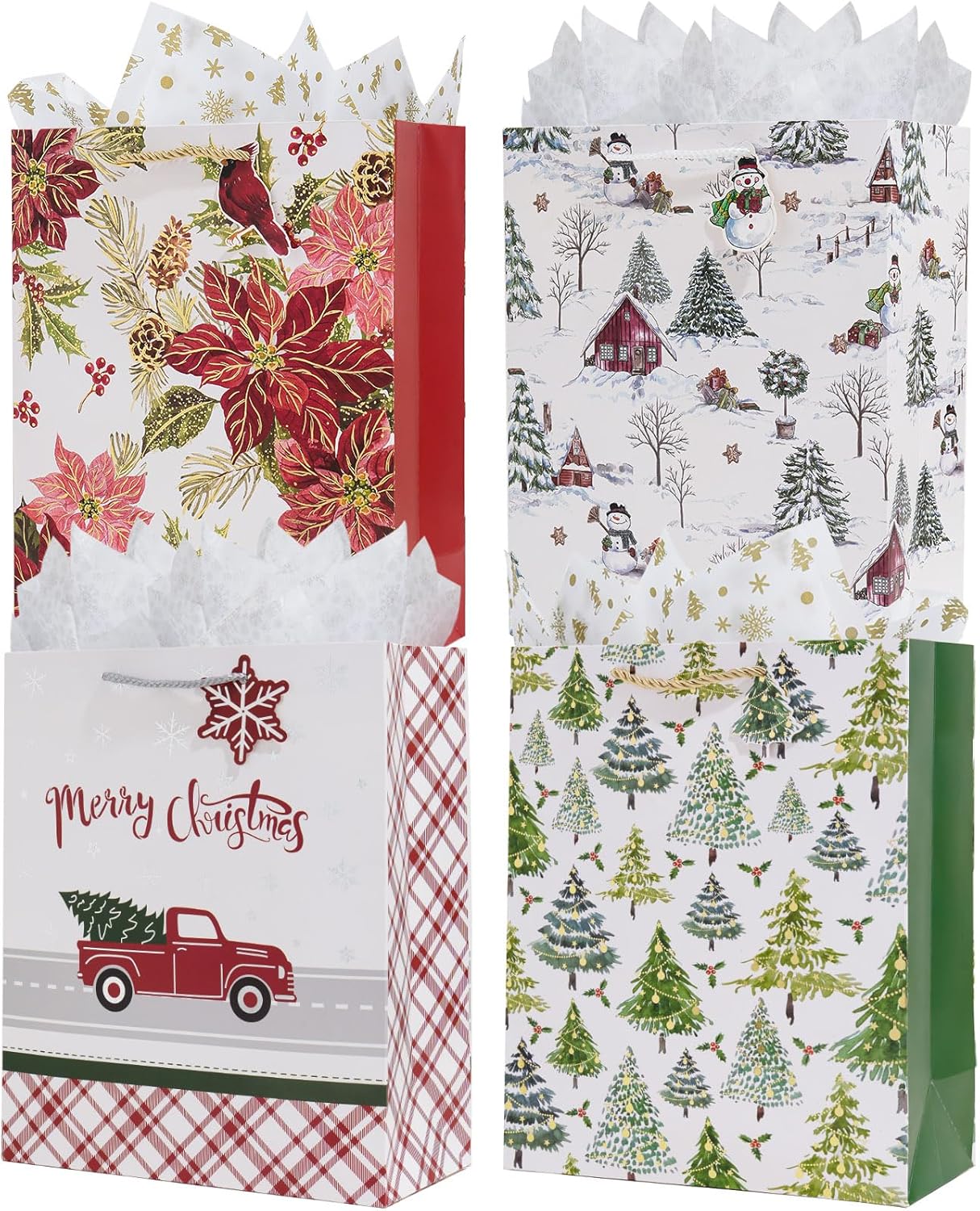 Enfoldia 4 Pack 12.5"Large Christmas Paper Gift Bags with Handles Tag Gold Silver Tissue Paper Holiday Goody Treat Bags Xmas Treat Gift Wrap Party Favor Supplies Winter Weddings Present Wrapping Bulk