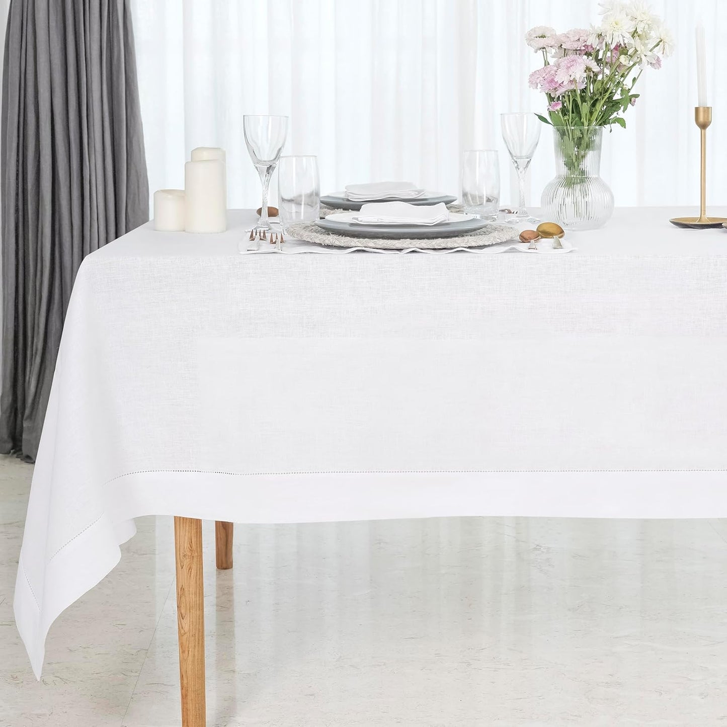 D'Moksha Homes White Linen Tablecloth 60 x 156 Inch - 100% Pure Linen White Tablecloth for Rectangle Tables - Classic Hemstitch, Machine Washable Table Cloth for Fall, Autumn and Halloween