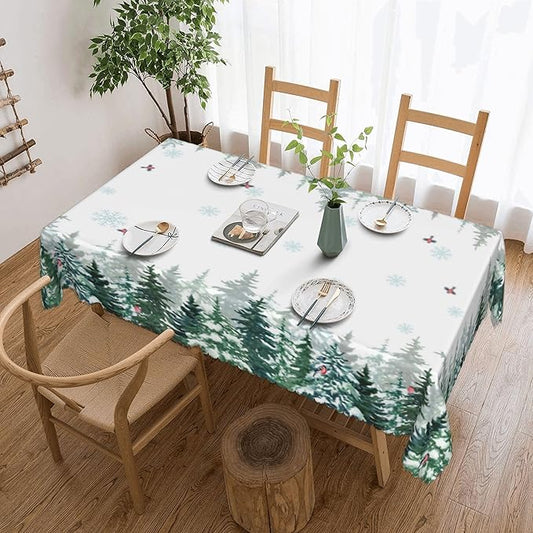 YCness Winter Forest Landscape Tablecloth, Green Christmas Snowflakes Nature Seasonal Decoration Table Cover for Winter Christmas Birthday Holiday Party Dinner, 60x120 Inch Rectangle