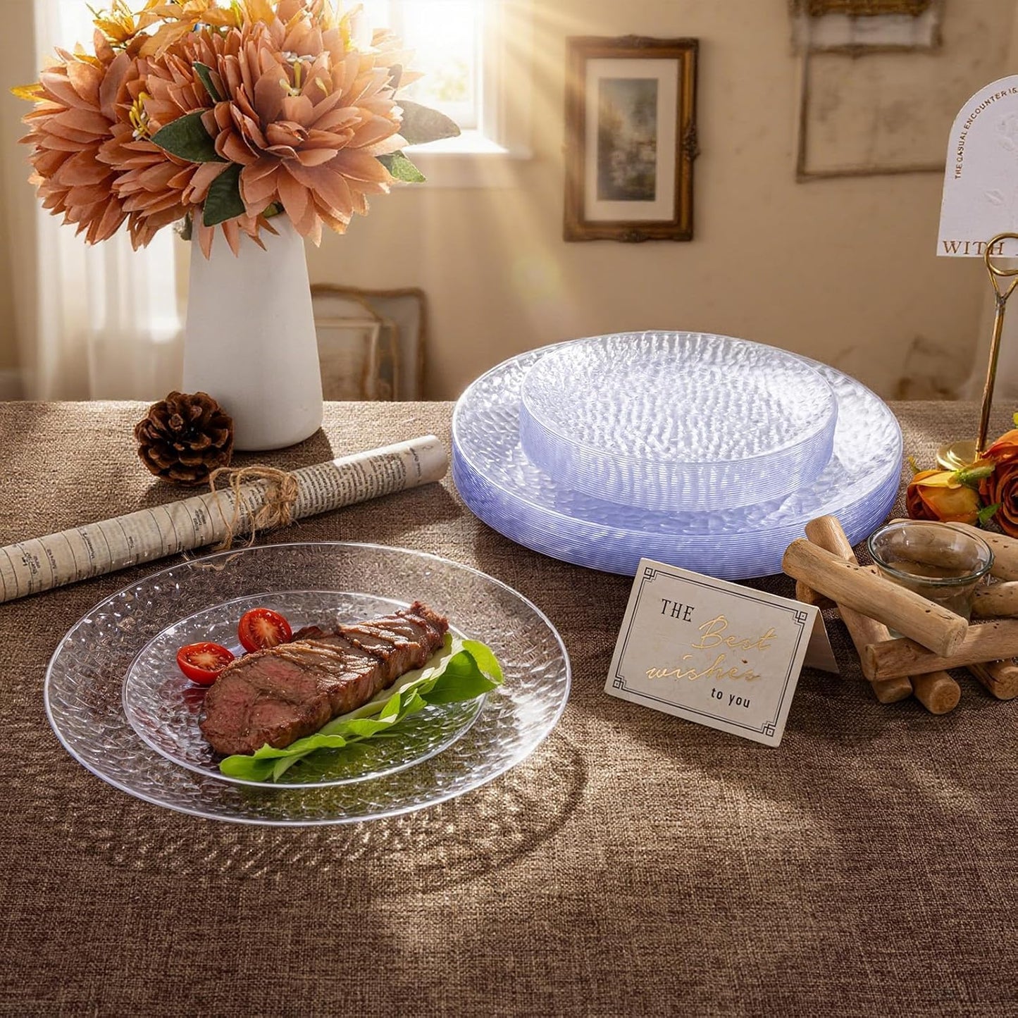 Rubtlamp 60Pcs Clear Plastic Plates, Hammered Disposable Party Plates, Heavy Duty Plastic Platos, Fancy Disposable Platos Include 30 Clear Dinner Plate, 30 Salad Plate For Wedding Bridal