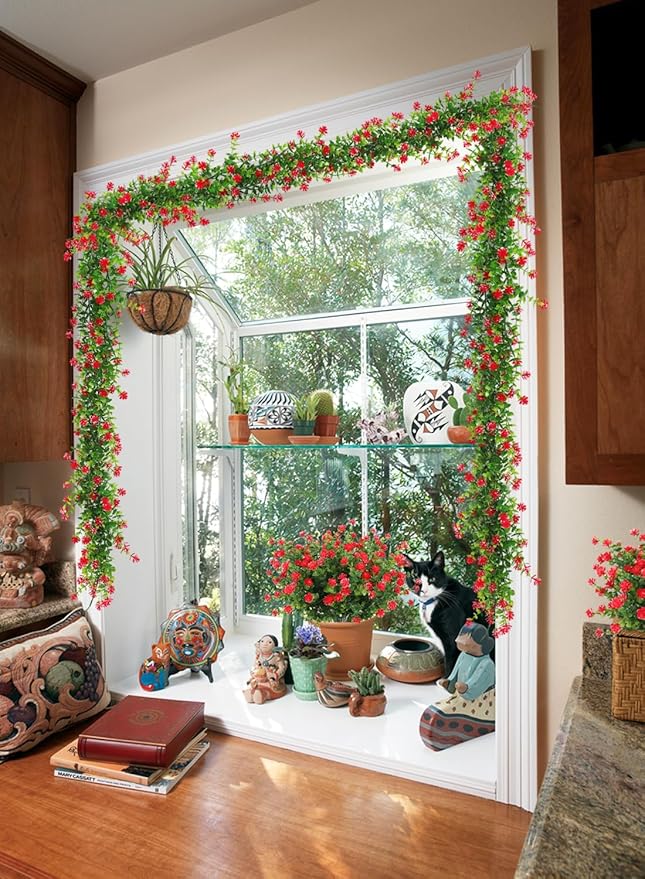 RECUTMS 3 Pack Artificial Spring Eucalyptus Garland Faux Hanging Eucalyptus Plants with Flowers Spring Fake Greenery Vines Garland for Spring Thanksgiving Home Wedding Mantle Wall Decor(Red)