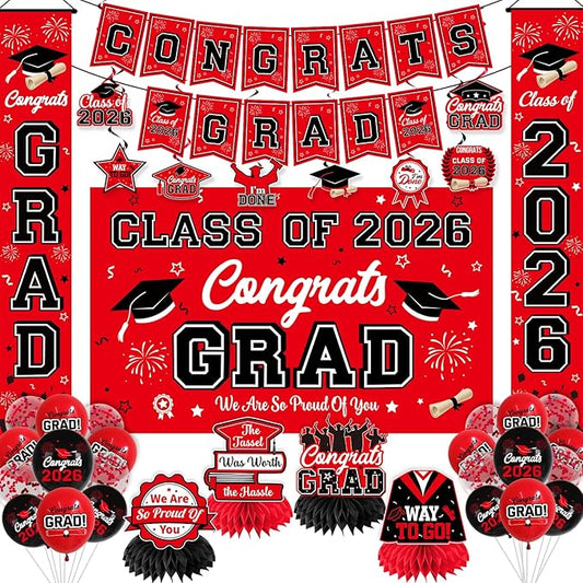 Graduation Decorations Class of 2026 Red and Black Party Decor Set include Congrats Grad Banner Graduation Backdrop Class of 2026 Balloons Party Supplies