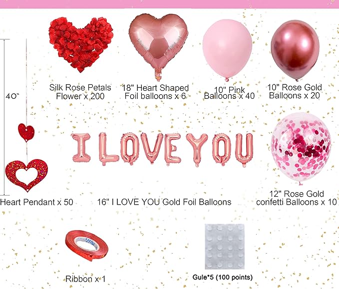 Bonropin Valentine's Day Balloons Kit with Rose Gold Pink Heart, I Love You Balloon, Rose Petals for Valentine, Anniversary, Wedding, Mother's Day, Romantic Special Night Decorations