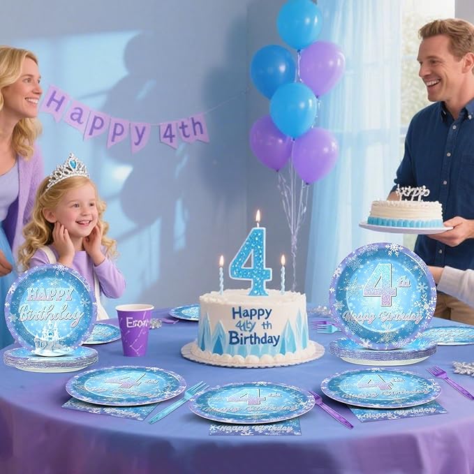 Snowflake Winter Wonderland 4th Birthday Paper Plates Napkins Forks Disposable Dinnerware Happy 4th Birthday Blue and Purple Winter Snowflake Tableware for Kids Christmas onderland Party Decorations