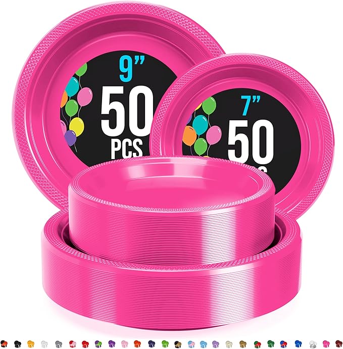 Party Solids Hot Pink Plastic Plates For Party Supplies, Hot Pink Disposable Plates 100 Pieces - 50-7" & 50-9" Heavy Duty 350 GSM Disposable Dinnerware Sets, Plastic Dinnerware Sets
