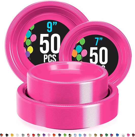 Party Solids Hot Pink Plastic Plates For Party Supplies, Hot Pink Disposable Plates 100 Pieces - 50-7" & 50-9" Heavy Duty 350 GSM Disposable Dinnerware Sets, Plastic Dinnerware Sets