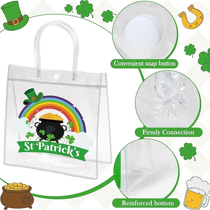H1vojoxo St. Patrick's Day Gift Bags - 24PCS St. Patrick's Day Clear PVC Gift Bags with Handle for Family Gathering Party Decor Reusable Lucky Clover Goodie Bags Shamrock Bag for Holiday Party Favor
