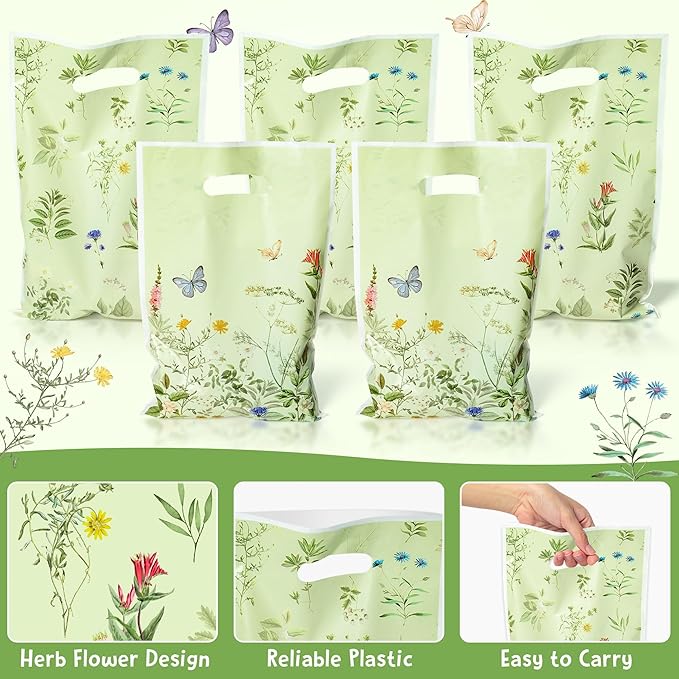 Herb Flower Party Favor Bags - 50Pcs Plastic Herb Wildflowers Candy Goodie Treat Gift Bag with Handles Rustic Farmhouse Floral Wedding Birthday Party Supplies Baby Shower Decor