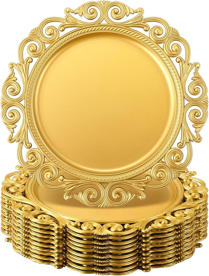 12 Pcs Vintage Gold Charger Plates Bulk 13 Inch Embossed Rim Plastic Round Decorative Plates Charger for Dinner Wedding Party Event Table Setting Decoration (Hollowed out Wave)