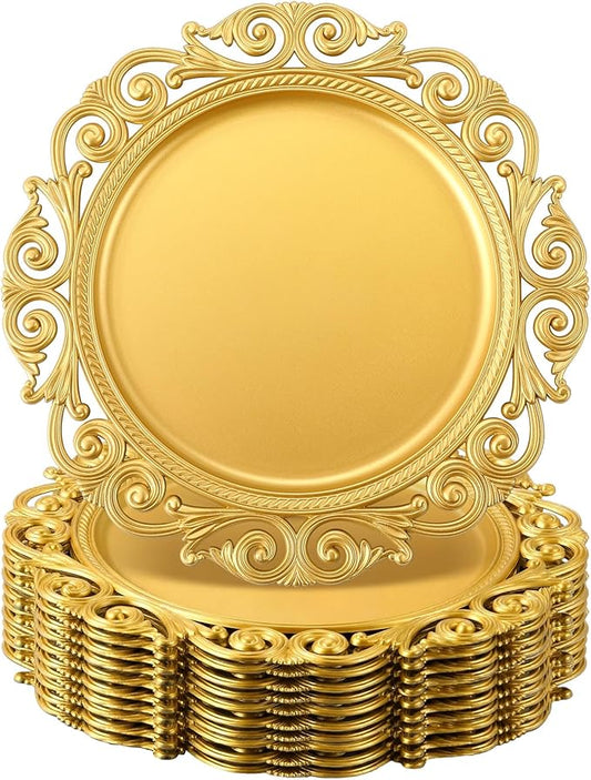 12 Pcs Vintage Gold Charger Plates Bulk 13 Inch Embossed Rim Plastic Round Decorative Plates Charger for Dinner Wedding Party Event Table Setting Decoration (Hollowed out Wave)