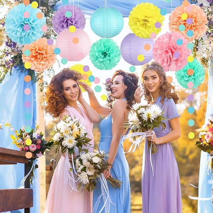 14 Pcs Pastel Party Decorations Kit - Macaron Tissue Paper Pom Poms, Lanterns & Polka Dot Garland for Girls Birthday, Baby Shower, Unicorn Ice Cream Donut Theme, Easter & Classroom Decor