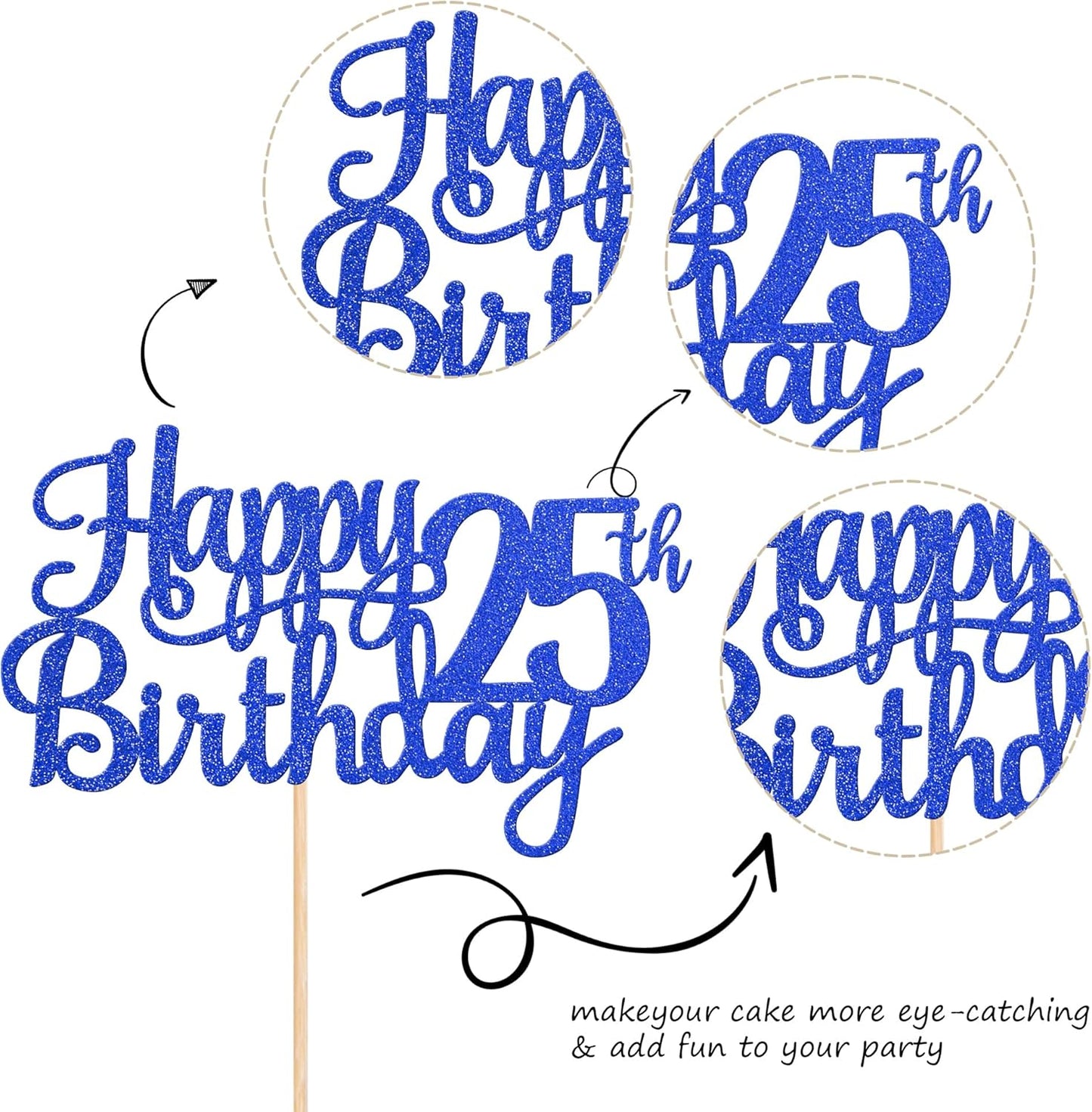 1 PCS Happy 25th Birthday Cake Topper Glitter Cheers to 25 Years Birthday Cake Pick Twenty Five 25 Fabulous Cake Decoration for Happy 25th Birthday Theme Party Decorations Supplies Blue