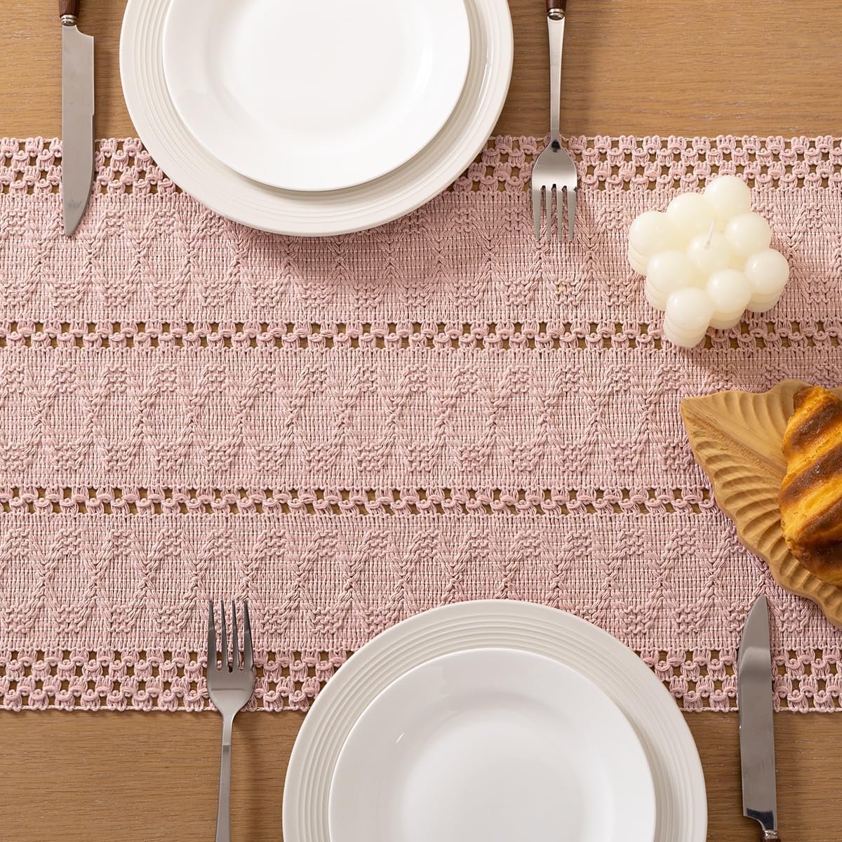 Socomi Boho Table Runner Fall Thanksgiving Farmhouse Rustic Dining Kitchen Centerpiece Decor Small Macrame Woven Cotton Linen Coffee Table Runner for Dresser Scarf Home Decor 12x60 inPink