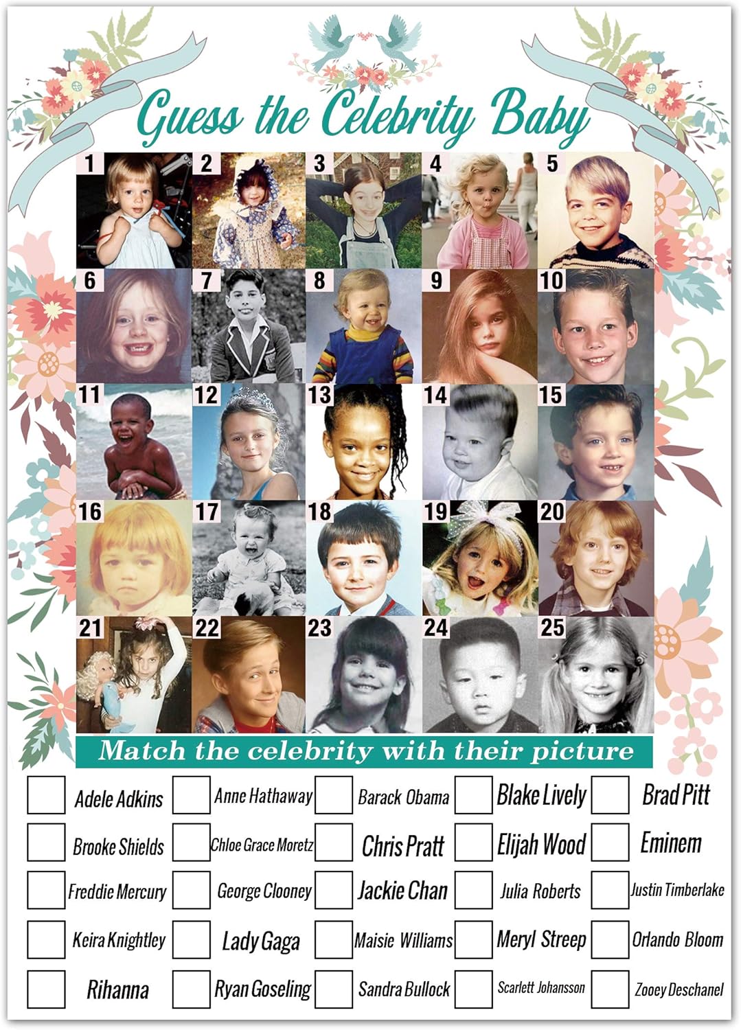 Baby Shower Games - Celebrity Baby Guessing Game for 40 Guests