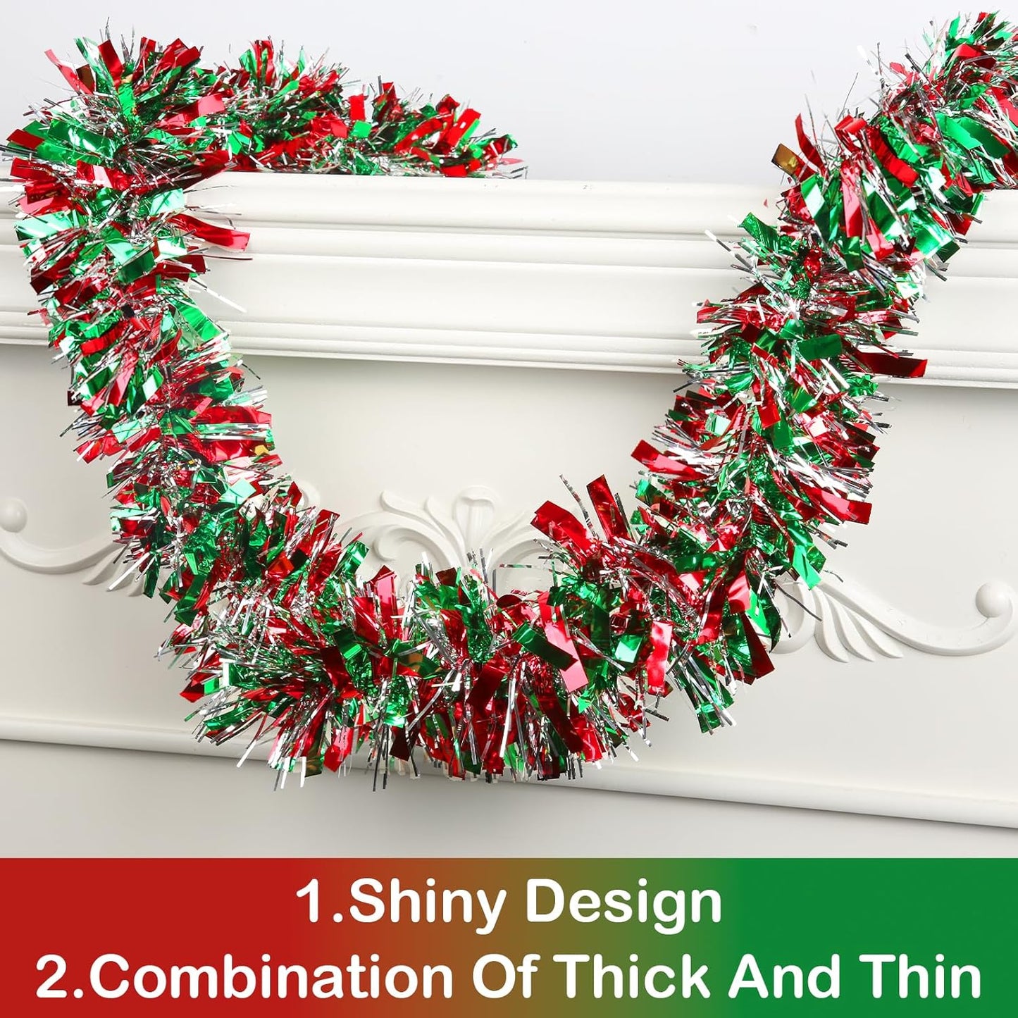 50 Feet Christmas Tinsel Garland Metallic Tinsel Garland Christmas Tree Decorations for Christmas Indoor and Outdoor Decoration (Red, Green and Silver)