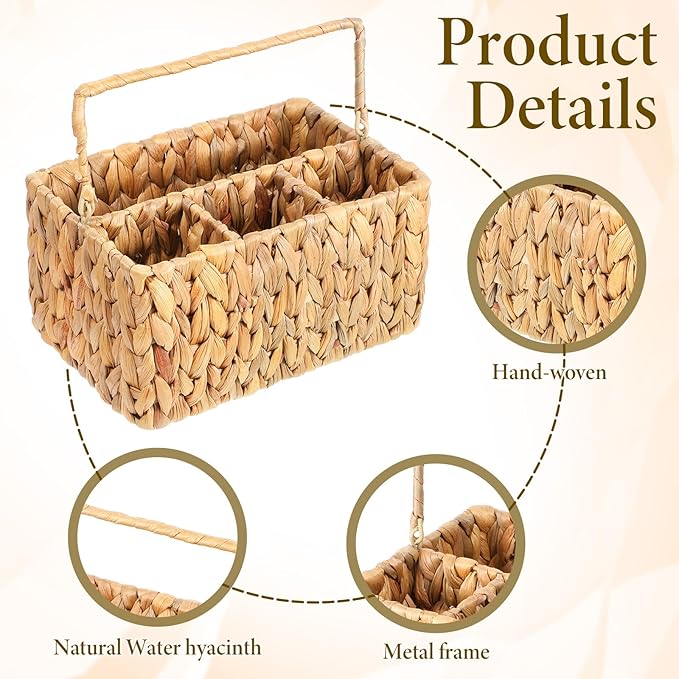 Hand-Woven Wicker Silverware Organizer, Water Hyacinth Plastic Cutlery Utensil Holder with Handle, Woven Picnic Caddy, Picnic flatware Organizer and Kitchen Countertop with Handle
