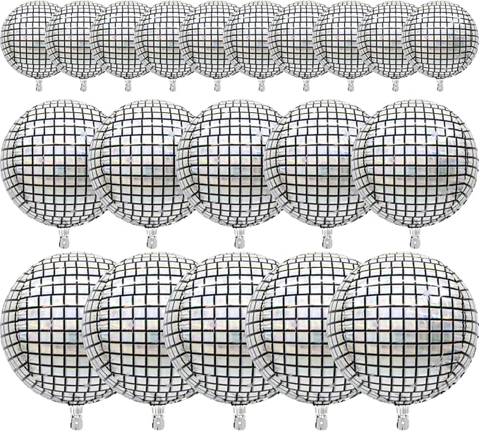 PartyWoo Silver Disco Ball Foil Balloons 20pcs Different Sizes Pack of 22 15 10 Inch Large Round Foil 4D Inflatable Mirror Ball Mylar Balloons for Graduation Men Birthday Space Party Decorations