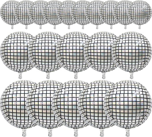 PartyWoo Silver Disco Ball Foil Balloons 20pcs Different Sizes Pack of 22 15 10 Inch Large Round Foil 4D Inflatable Mirror Ball Mylar Balloons for Graduation Men Birthday Space Party Decorations