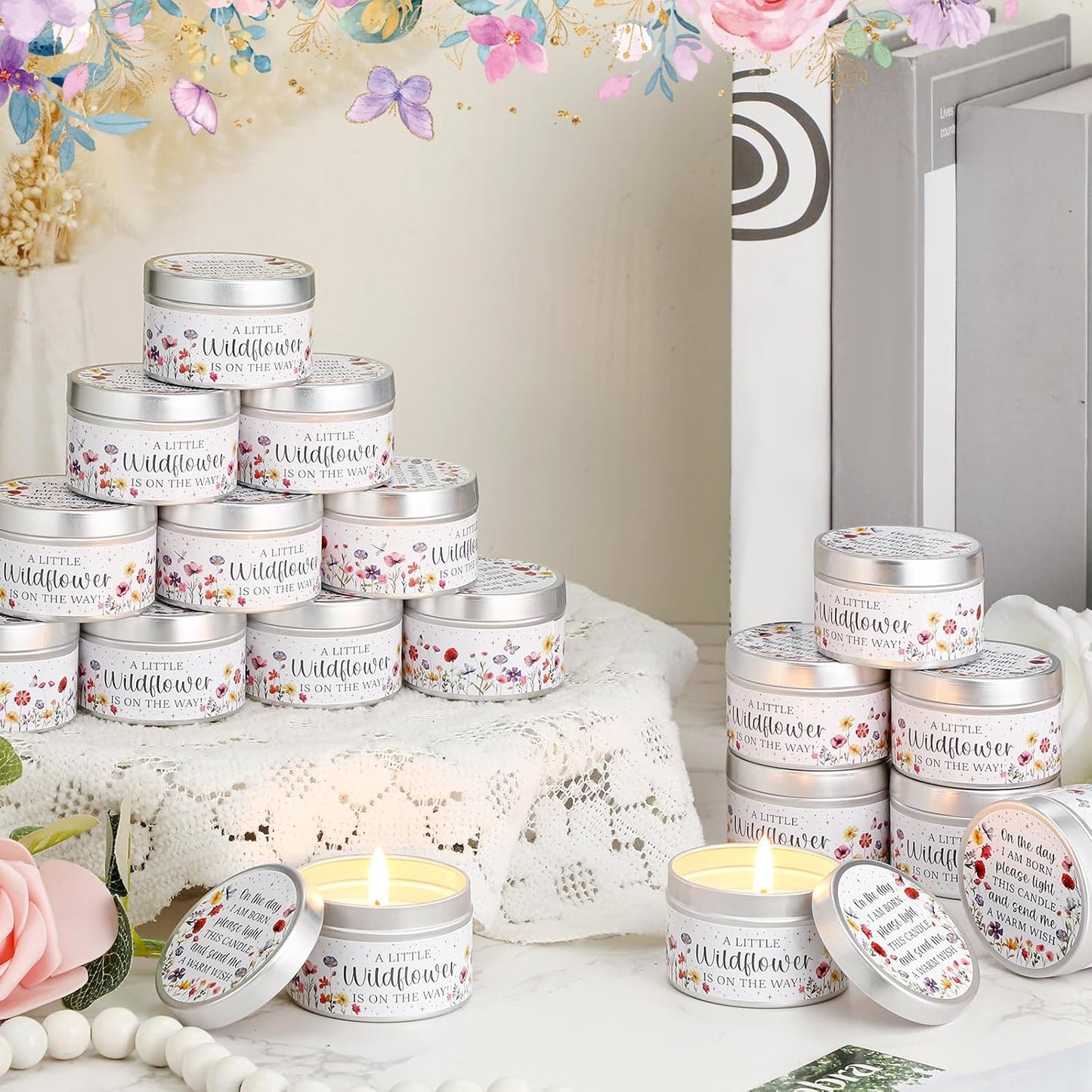 MTLEE 24 Pcs Wildflowers Baby Shower Party Favors Candles Lavender Scented Baby Shower Favors for Guests Rustic Tealights Candles Gender Reveal Return Gifts Girl Boy(1.2 Oz, Colorful)