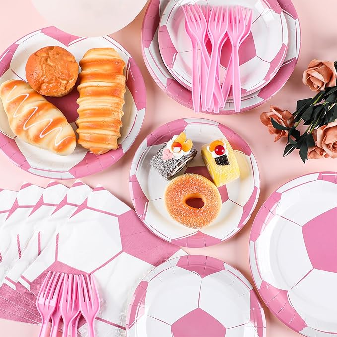 OBUSATT 96Pcs Pink Soccer Party Supplies - Birthday Paper Plates, Napkins, Decorations, Dinnerware, Party Favors, Serves 24