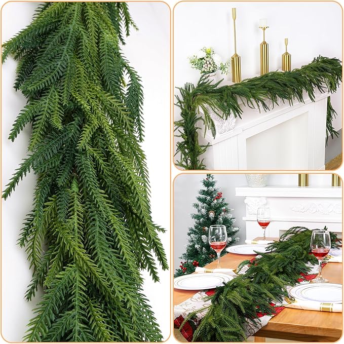 2 Pcs Artificial Norfolk Pine Garlands Christmas, 15 FT Dense Real Touch Winter Pine Garland Ornament, Green Artificial Greenery Garland for Table, Mantle, Wall, Indoor, Outdoor Christmas Decorations