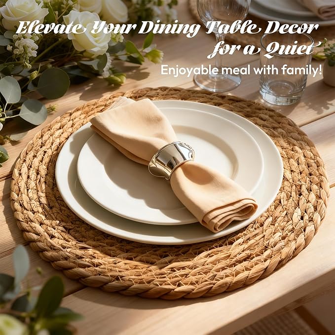 13 Inch Round Woven Placemats Set of 24, Boho Farmhouse Rustic Rattan Wicker Braided Chargers for Dining Table, Water Hyacinth Jute Place Mats for Dinner Plates, Outdoor Patio & Wedding Decor