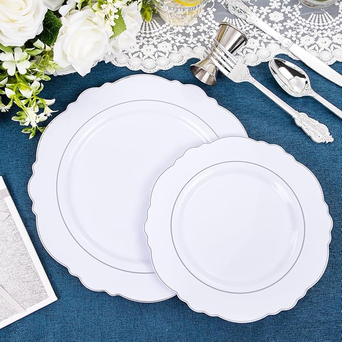 Liacere 175pcs Silver Plastic Plates - White and Silver Disposable - 25guest Baroque Plastic Dinnerware include 50Plates, 25Pack Pre Rolled Napkins with Silverware 25Cups for Wedding&Party&Easter Day