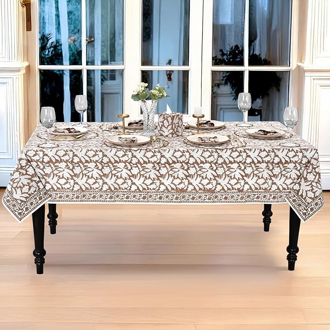 Ridhi Hand Block Print Oak Brown Rectangle Cotton Tablecloth 90" x 60" Reusable Table Cover Decorative Everyday Use for Dining, Farmhouse, Home Gift for Spring, Easter, Valentine