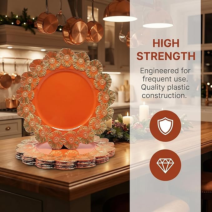 Orange Charger Plates with Flower Rim, 13" Round Charger for Dinner Plates, Set of 6 Plastic Plate Chargers for Halloween, Thanksgivng, Christmas.