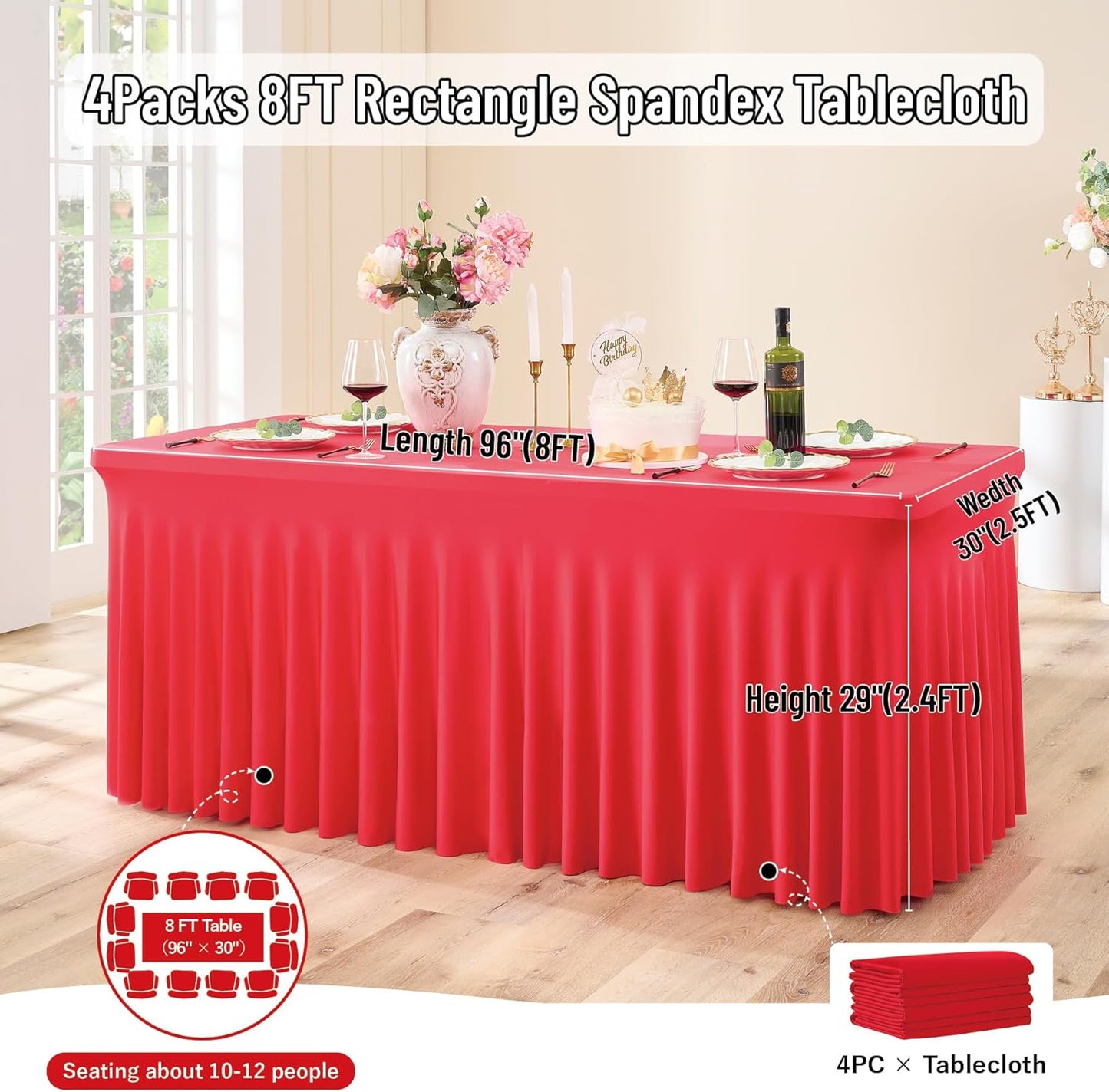 Outpain 8ft Spandex Table Cloth for Standard Folding Tables-4Pack Red Table Cloth Table Protector for Party, Wedding, Cocktail, Banquet, Festival