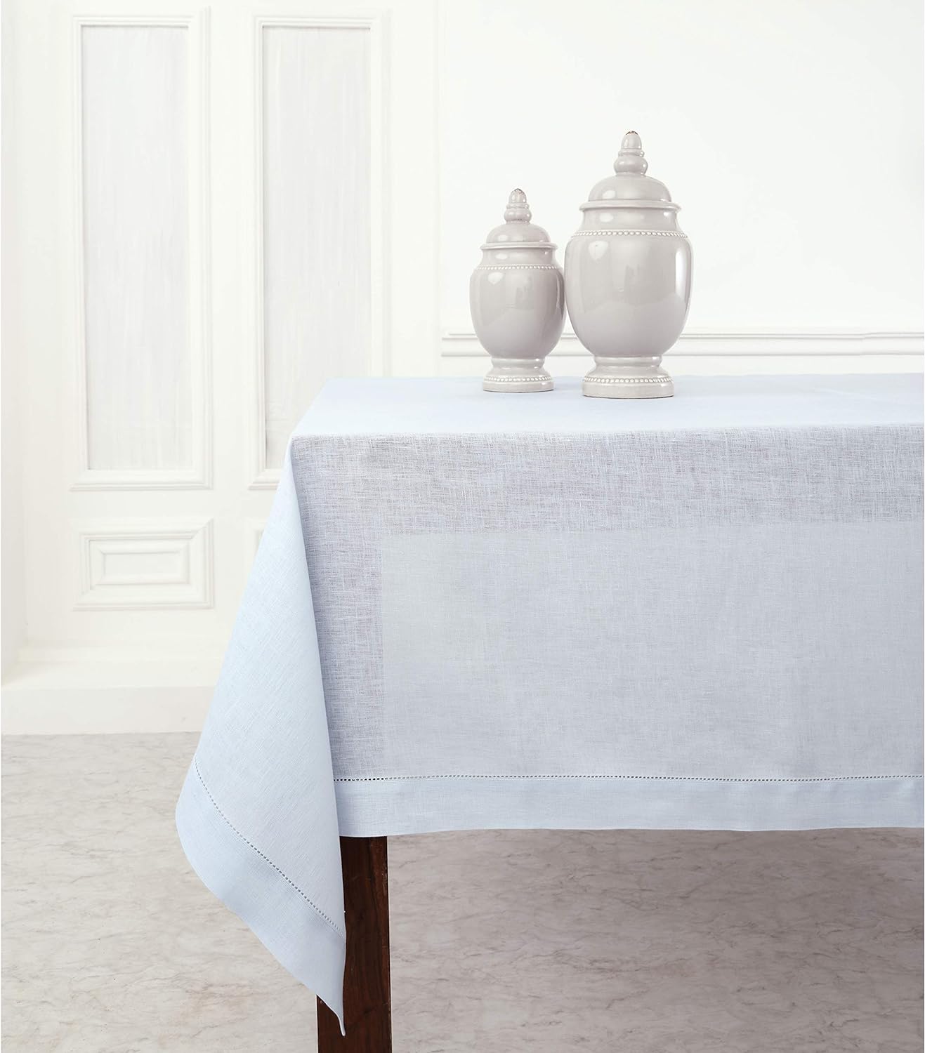 Solino Home Linen Tablecloth 60 x 108 Inch - Classic Hemstitch 100% Pure Linen Light Blue Table Cloth for Rectangle Tables - Machine Washable Tablecloth for Christmas