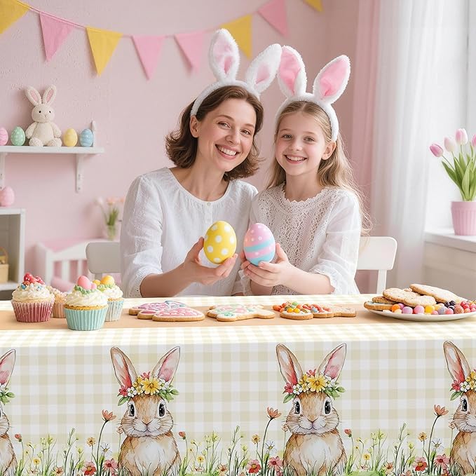 Childom 2 Pack Easter Tablecloth,Easter Decorations 54" x 108" Disposable Plastic Tablecloth,Bunny Table Cloth Checkered Decorations,Plastic Table Cover for Party Supplies,Indoor,Outside,Home,Dinner