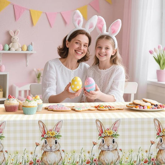 Childom 2 Pack Easter Tablecloth,Easter Decorations 54" x 108" Disposable Plastic Tablecloth,Bunny Table Cloth Checkered Decorations,Plastic Table Cover for Party Supplies,Indoor,Outside,Home,Dinner