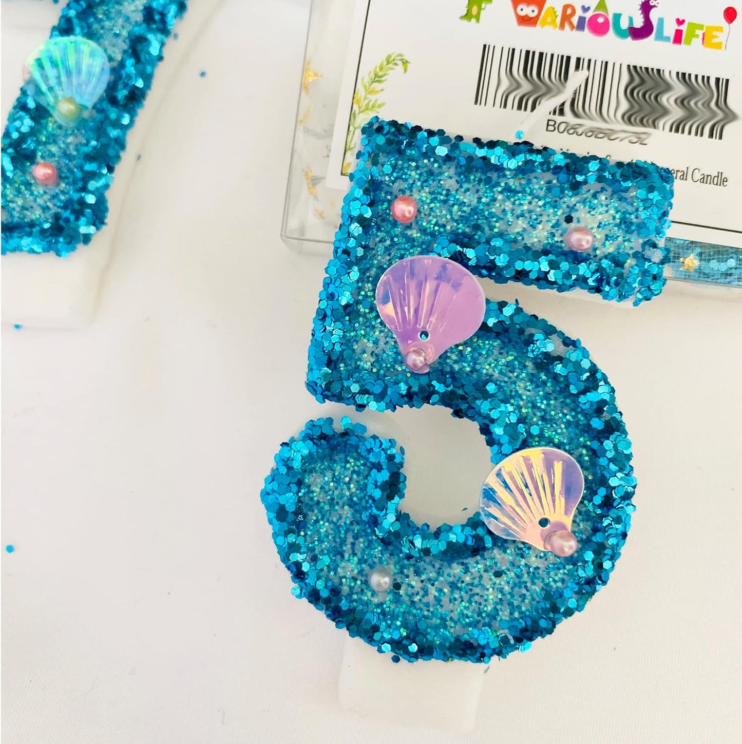 Blue Number Candle,Shell Sequins Number Candles for Birthday Cakes Mermaid Themed Party Supplies Number 5 Candle