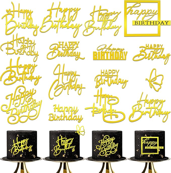 15Piece Gold Happy Birthday Cake Toppers Acrylic Mirror Inserts for Cakes Cupcakes Desserts 15 Styles