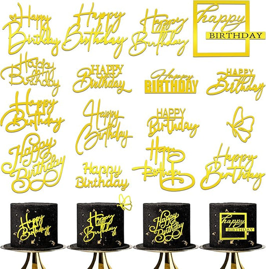 15Piece Gold Happy Birthday Cake Toppers Acrylic Mirror Inserts for Cakes Cupcakes Desserts 15 Styles