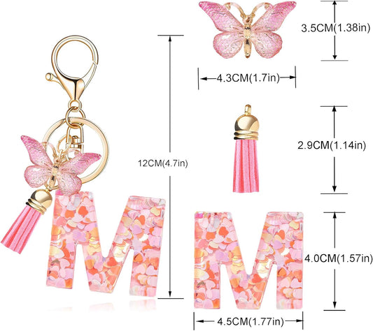 Fashion Alphabet Initial Letter Keychain Tassel Butterfly Pendant Key Ring for Purse Handbags Women Girl
