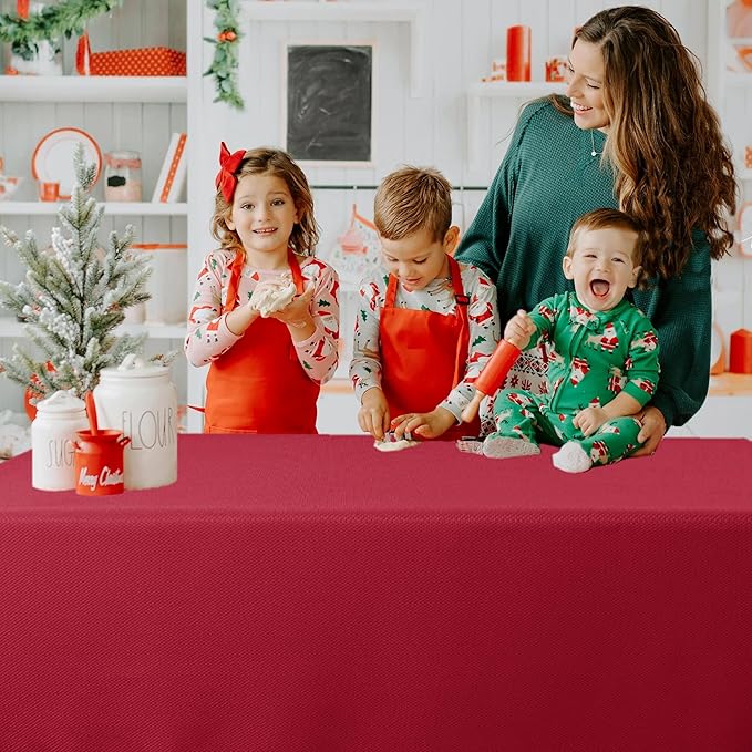 Biscaynebay Textured Fabric Christmas Table Cloth Rectangle 60x84 Inches, Red Water Resistant Spill Proof Tablecloths for Dining, Kitchen, Wedding and Parties, Machine Washable