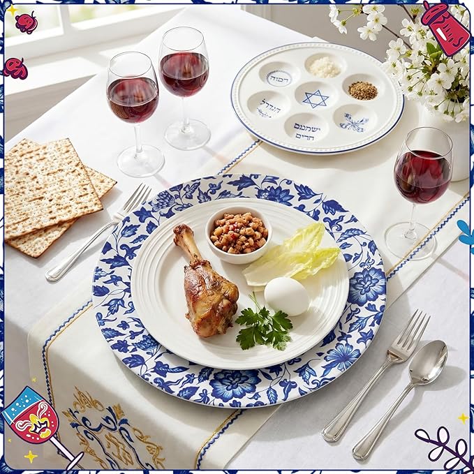 Yungyan 6 Pcs Passover Blue and White Porcelain Charger Plates 13 Inch Round Passover Blue White Porcelain Plastic Plates Large Charger Plate for Holiday Party Decorations Dinner Tableware Supplies