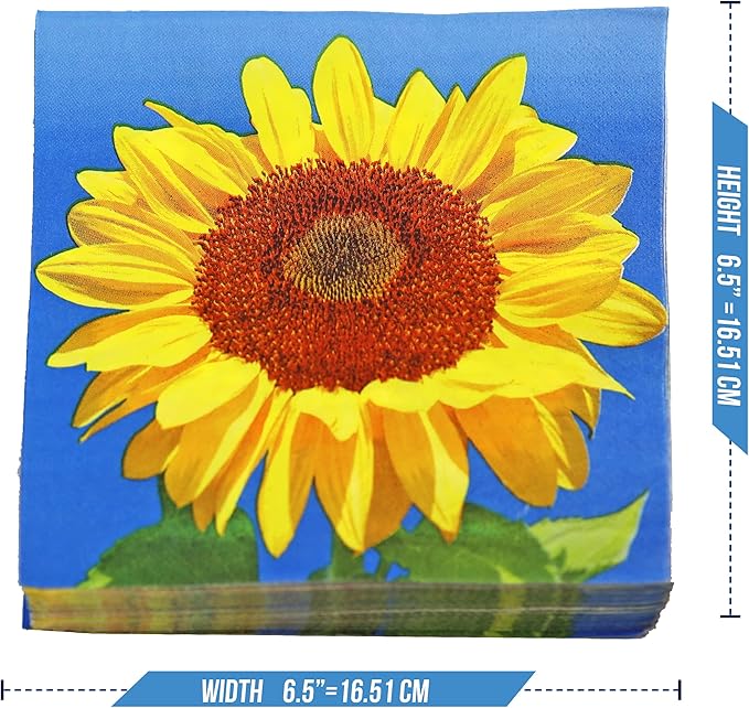 Iconikal 75-Count Disposable Paper Party Napkins Sunflower Fields 6.5x6.5-Inch 2-Ply 2-Sided Design Birthday Dinner Event Decor Bulk Pack