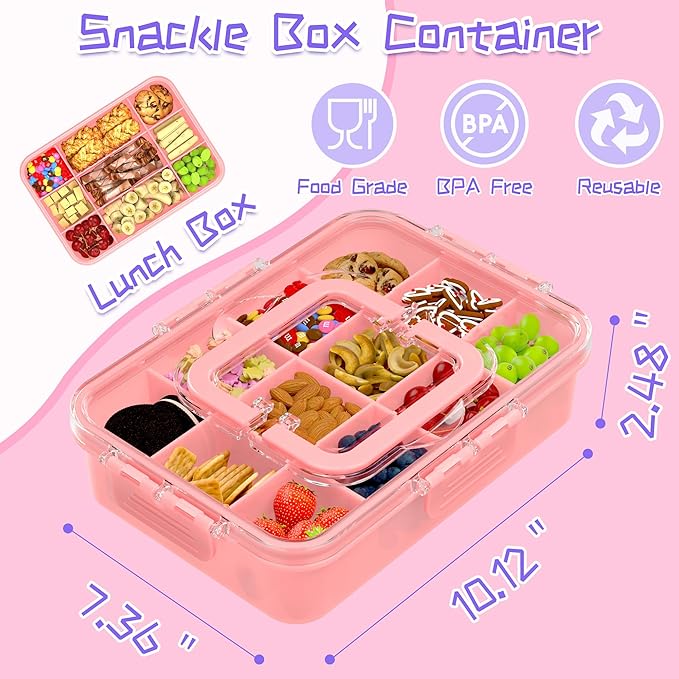 Snack Box Container for Kids - Adjustable 12-Compartment Snack Containers, Reusable Bento Box, Dishwasher Safe, BPA-Free, Perfect for School, Travel, Camping & Picnic, Pink