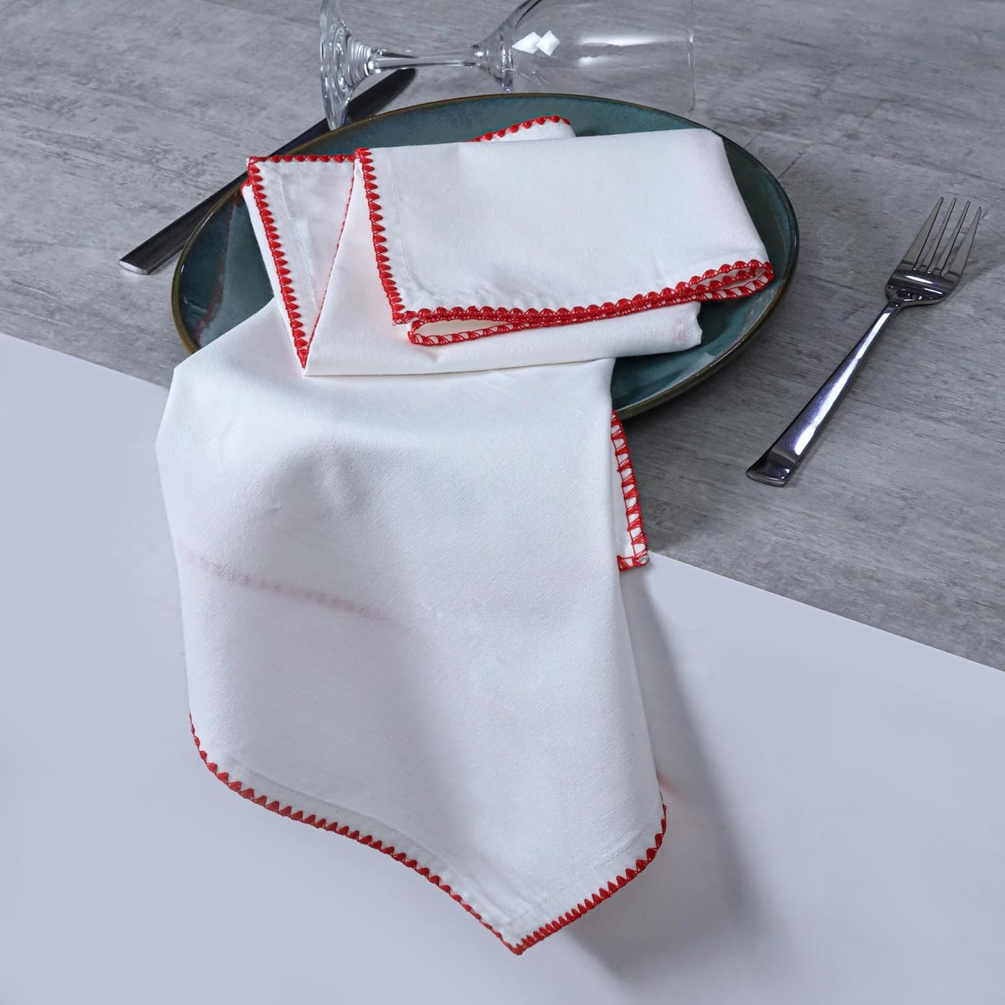 Bedding Craft Cotton Cloth Dinner Napkins Set of 12 –18x18 Poppy Red Cloth Napkins with Colored Edge Embroidery – Elegant Washable Fabric Napkins for Wedding Reception, Dining Tables & Party Settings