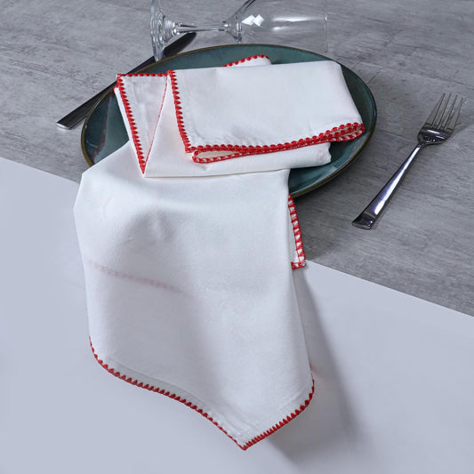 Bedding Craft Cotton Cloth Dinner Napkins Set of 12 –18x18 Poppy Red Cloth Napkins with Colored Edge Embroidery – Elegant Washable Fabric Napkins for Wedding Reception, Dining Tables & Party Settings