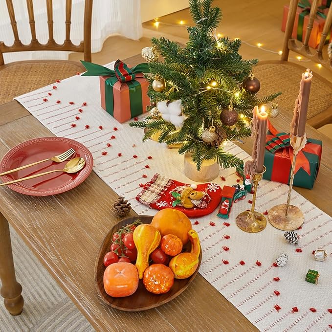 Wracra Christmas Table Runner, Natural Cotton Woven Macrame Table Runners 60 Inches Long for Christmas Decorations,Modern Farmhouse Woven Home Decor, 14x60 Inch, Red