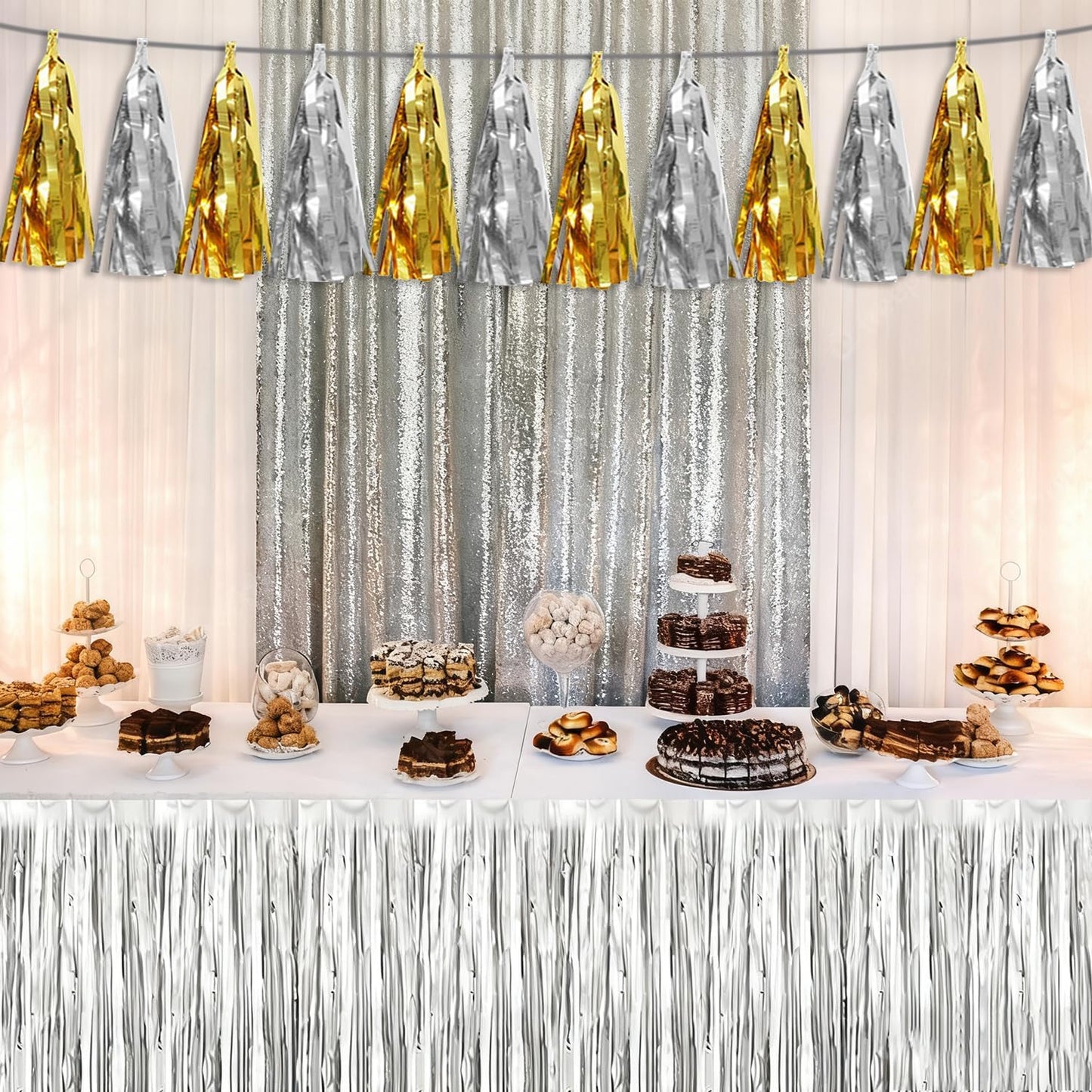 3P Gold Silver Tassel Banner Garland Metallic Foil Fringe Banner Tinsel Tassels Streamer Banner Backdrop for Parade Floats, Graduation Decorations, Father' Day, Halloween, Christmas Decorations